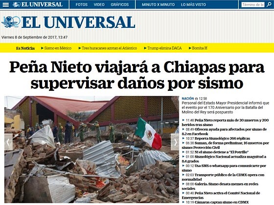 Zeitung El Universal über das Erdbeben