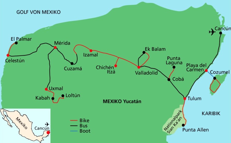 Karte der Rundreise Yucatán