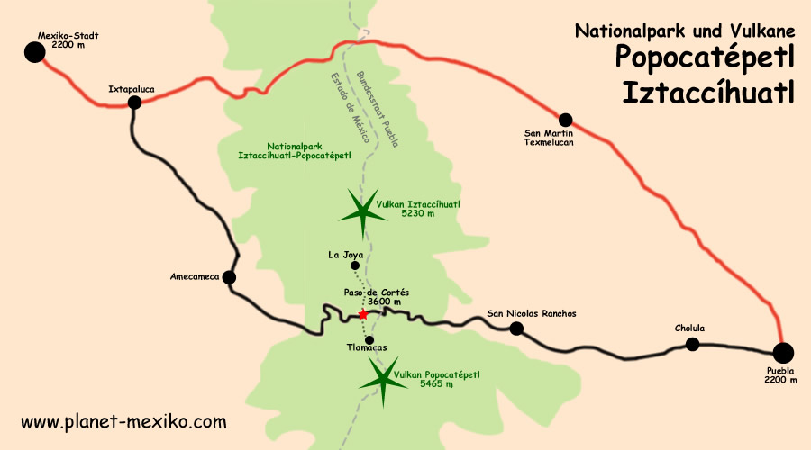 Karte Vulkane Popocatépetl und Iztaccíhuatl